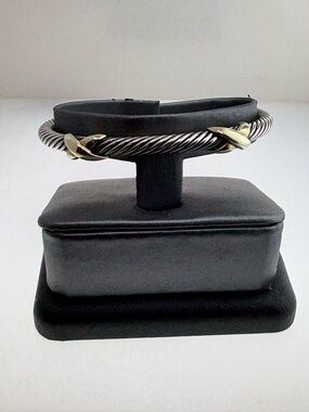 David Yurman Bracelet Silver & 14K Yellow Gold Double X Bangle 5 mm Cable Cuff
